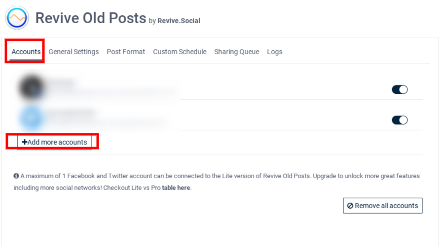 add more social media accounts in Revive old posts for auto sharing posts on social media
