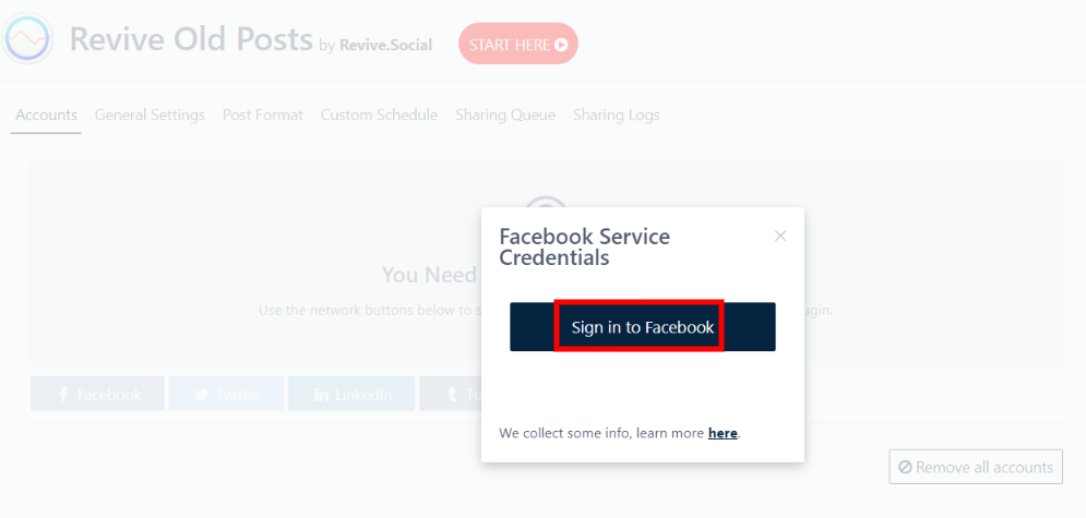 sign in to Facebook using Revive old posts for auto sharing posts on facebook