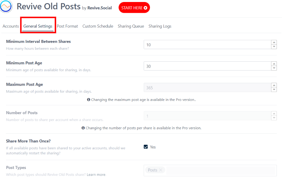 General settings of revive old posts plugin for auto posts sharing on social media like facebook and twitter