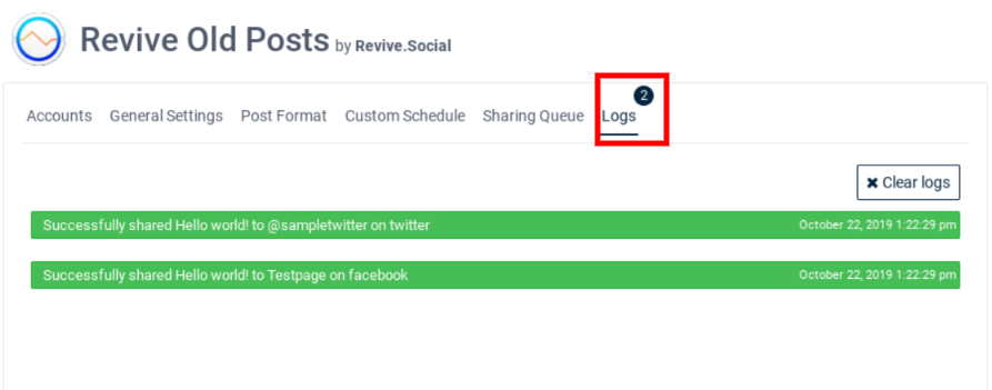 logs of revive old posts plugin shows auto sharing posts on social media
