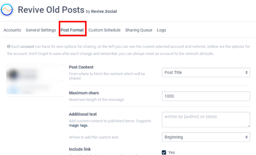 post format of revive old posts plugin shows style of posts which will display automatically on social media