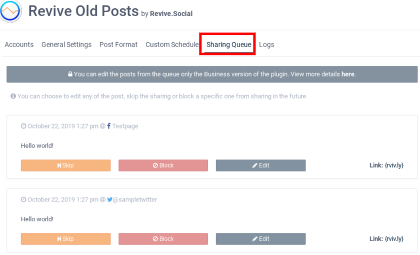 sharing queue of revive old posts plugin. what post would share on social media automatically