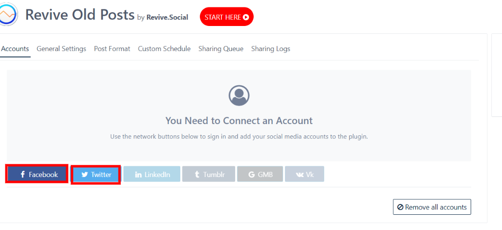connect with social media accounts for auto sharing posts on social media