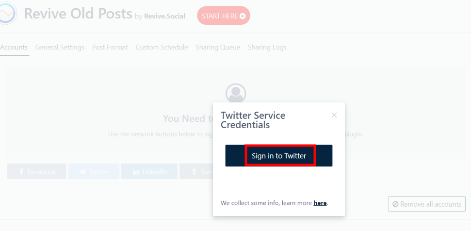 Sign in to Twitter using revive old posts plugin for auto sharing posts on twitter