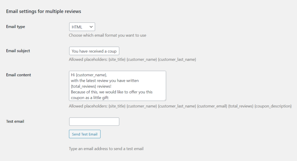 woo-commerce-reviews discount-email settings for multiple reviews