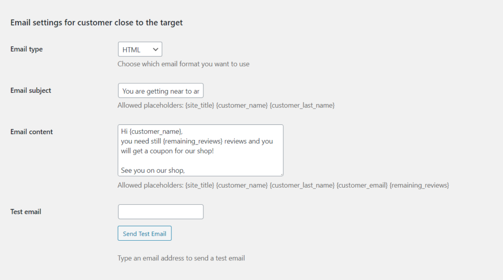 woo-commerce-review for discount-email settings for customer close to target