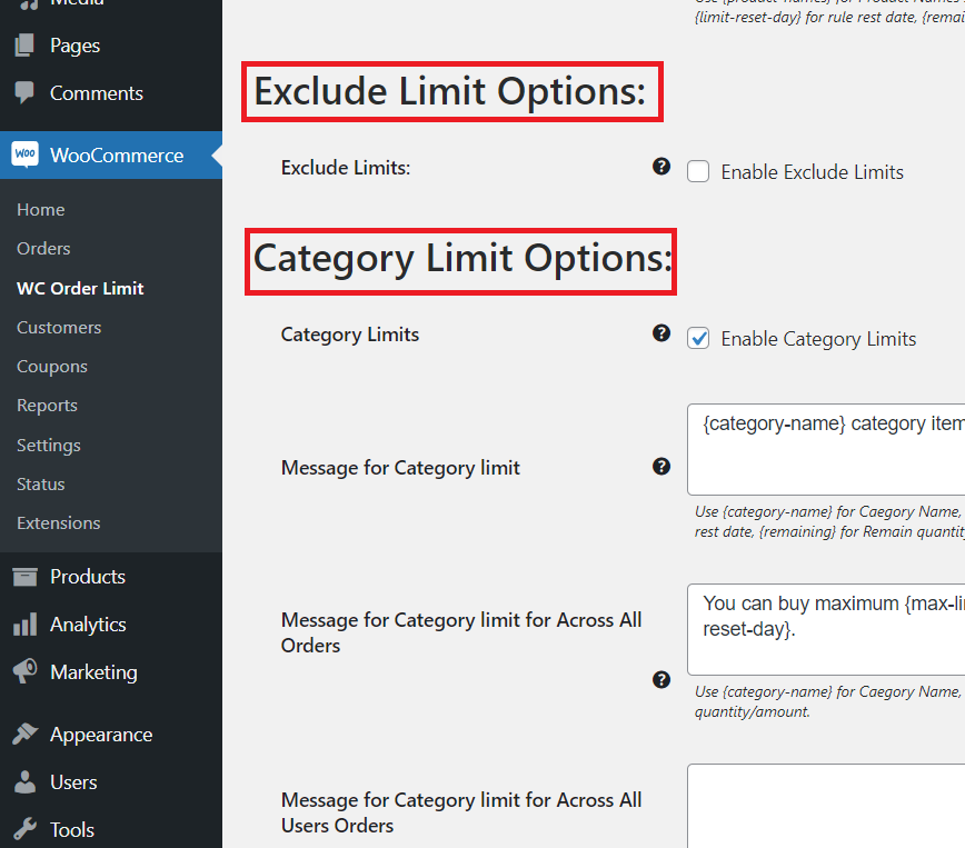 category limit option