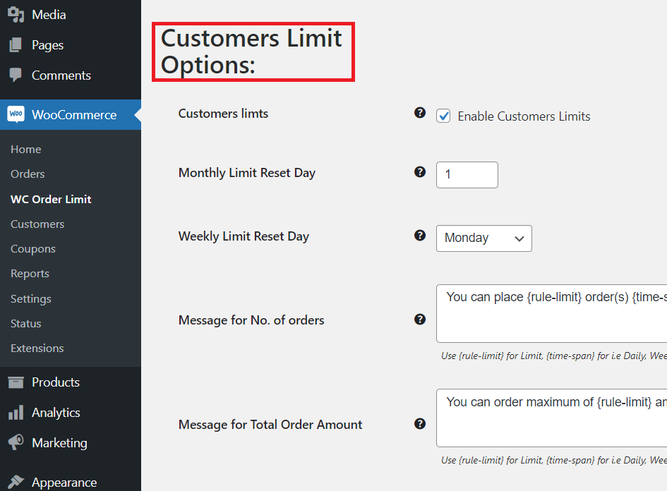customer limit option