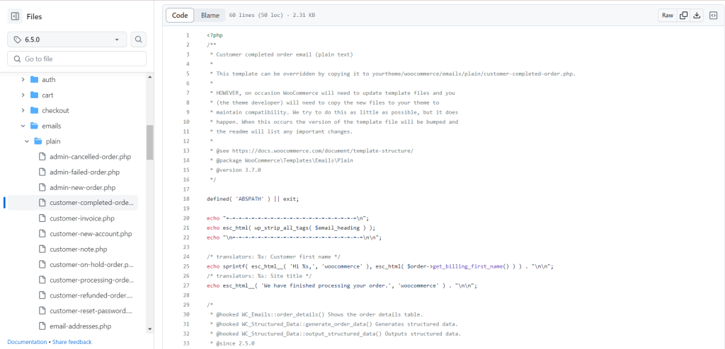 A screenshot of the PHP file in the original WooCommerce folder that needs to be copied and pasted in the theme folder before editing the PHP for customizing WooCommerce email templates