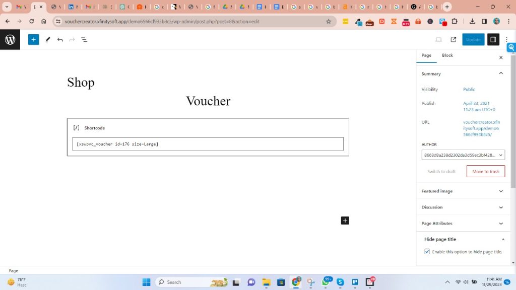 Adding Gift Voucher Shortcode in the page