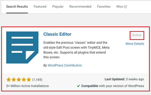 Disable Gutenberg Editor by installing WordPress Classic Editor plugin