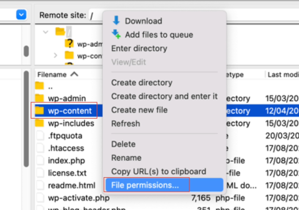file permissions for wp-content folder