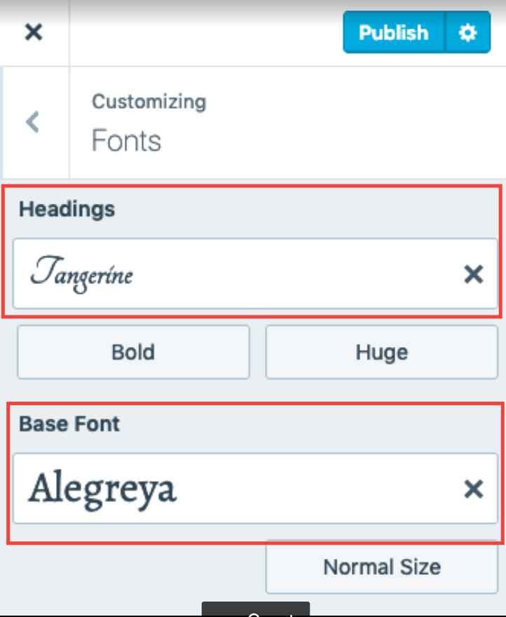 Headings and Base Font dropdown to change font