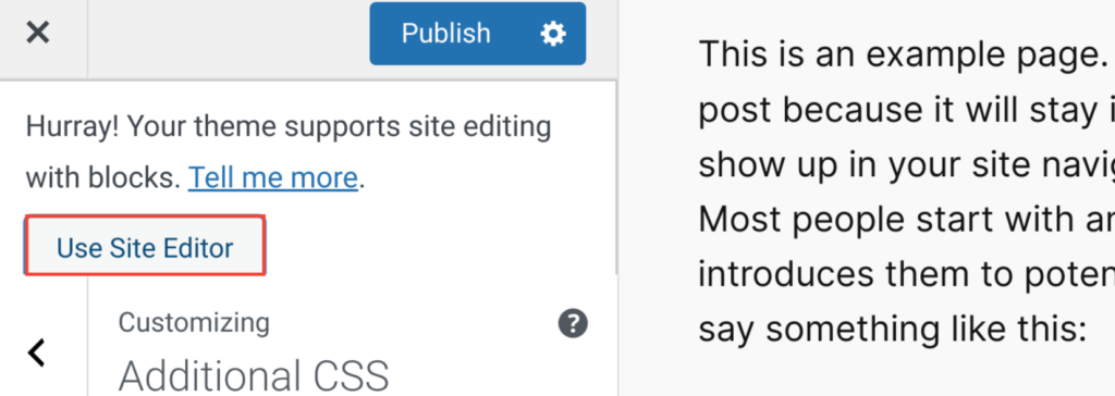 Use Site Editor Option in WordPress Theme Customizer