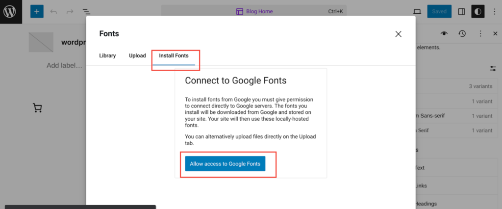 WordPress font library window