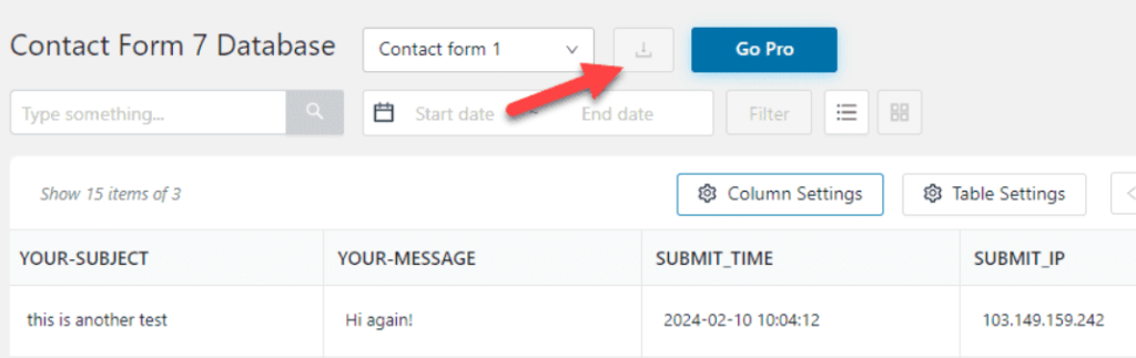 Download contact form data in CSV file format