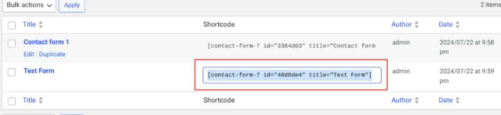 Shortcode for contact form