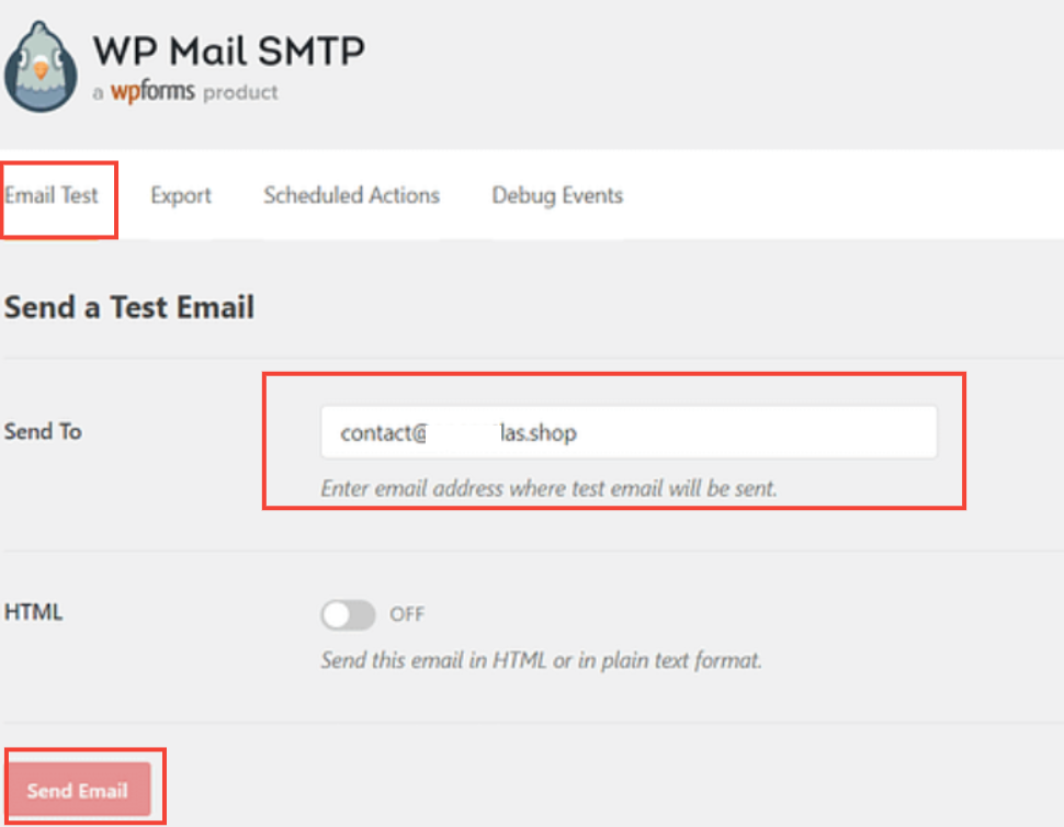 Test Email using WP Mail SMTP plugin