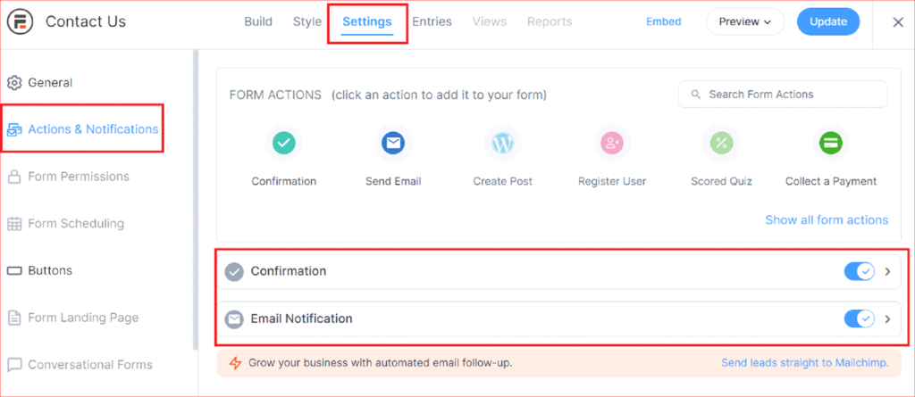 Contact form email notification settings