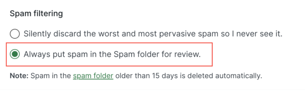 Spam filtering options