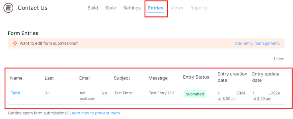 Specific contact form entries